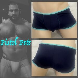 Pistol Pete Square Cut Pouch Swimsuit Medium 32-38" waist Gently worn 92% nylon